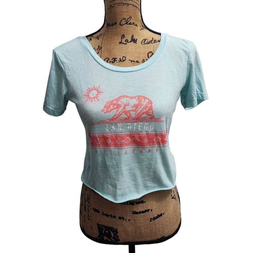 Billabong San Diego California Bear Graphic Crop T-Shirt Mint Coastal Surf Small